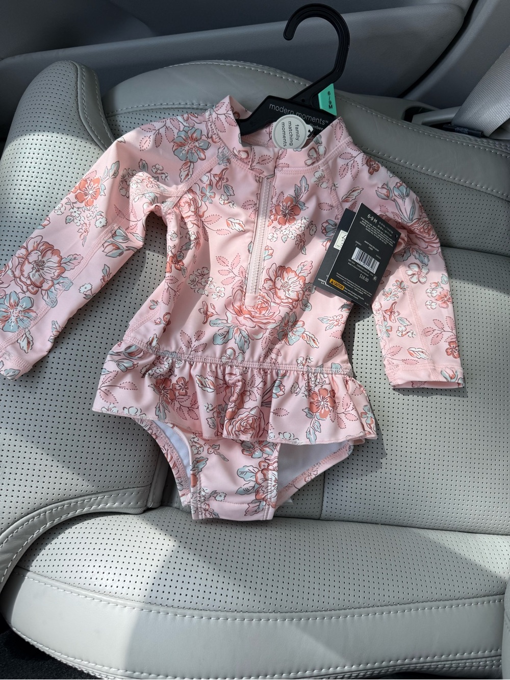 Baby Girls Pink Floral Ruffle Long Sleeve One-Piece Swimsuit 6-9 month